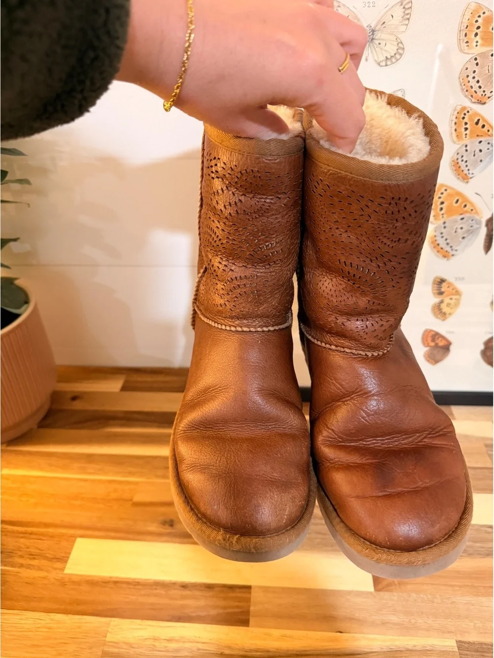 Ugg Women's Brown Perforated Leather Winter Boots with Shearling Lining